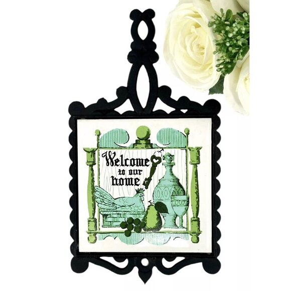Vintage Cast Iron Ceramic Tile Trivet Sign Welcome to Our Home Rooster Japan - Picture 1 of 7